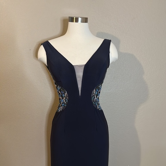 JOVANI Navy Plunging Neckline Gown with Gorgeous Rhinestone Detailing Size 2 - Picture 3 of 16